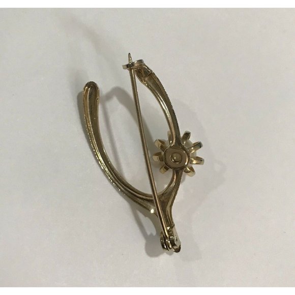 VINTAGE WISHBONE BROOCH GOOD LUCK SYMBOL GOLD TONE METAL PIN FAUX PEARL - Picture 5 of 7